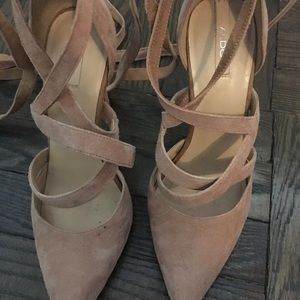 Dusty pink suede stilettos with straps and ties